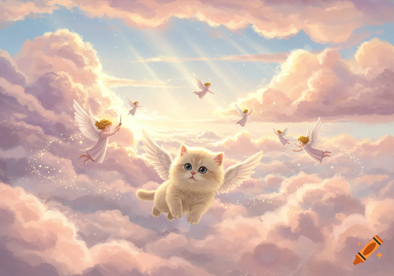 A whimsical illustration of a fluffy white cat with wings flying through a dreamy sky filled with pink and white clouds, accompanied by several small angels.