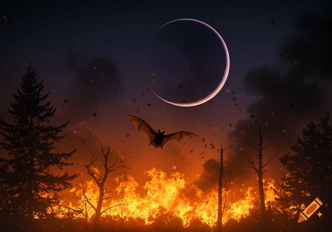 A silhouette of a bat flies across a burning forest under a crescent moon, depicted in orange, purple, and black tones.