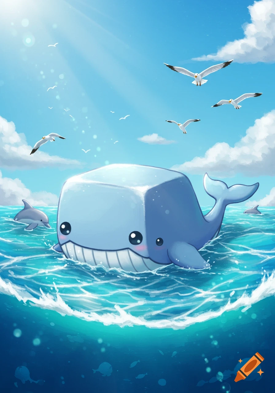 A cute, boxy periwinkle whale smiles in a blue ocean with waves, surrounded by dolphins and seagulls flying in a bright sky.