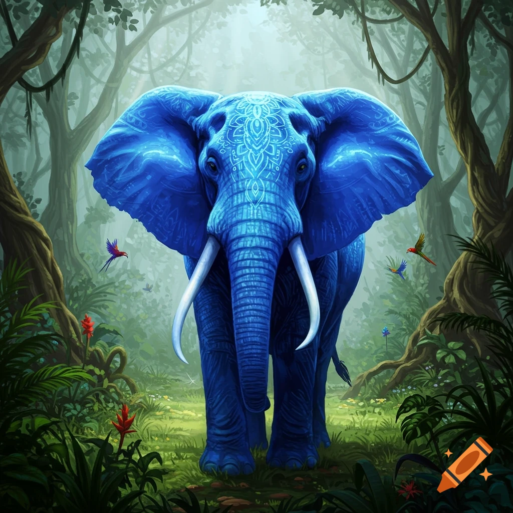 A vibrant blue elephant with intricate white patterns on its head and ears stands in a lush green jungle, with small colorful birds flying nearby.