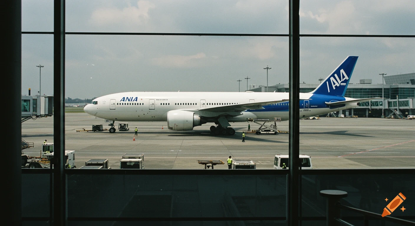 A white and blue ANA Boeing 777 airplane parked at an airport gate, viewed through a terminal window with reflections. Ground crew work around the aircraft.