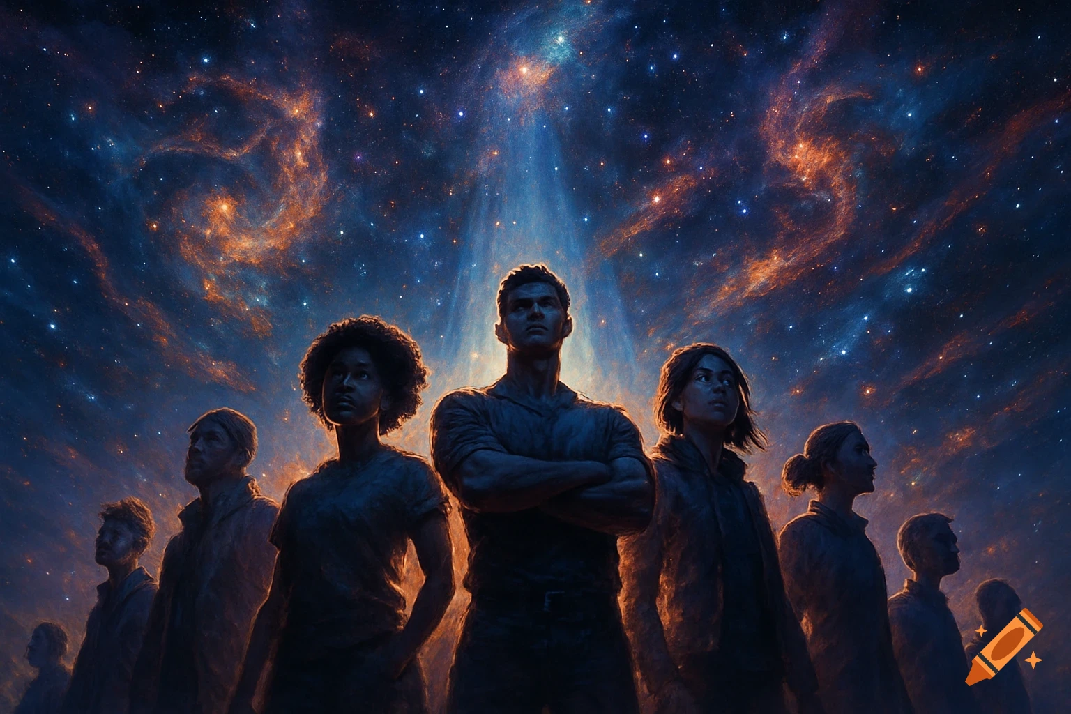 A diverse group of heroic figures stands under a dramatic starry sky with nebulae and a central beam of light.