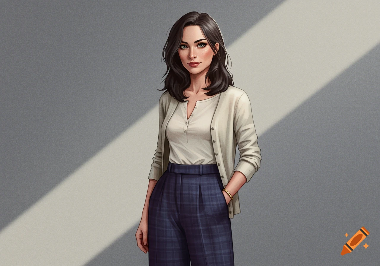 A mixed-race woman with dark, wavy hair and green eyes stands wearing a cream cardigan over a white blouse and blue plaid slacks, against a gray wall with a diagonal shadow.