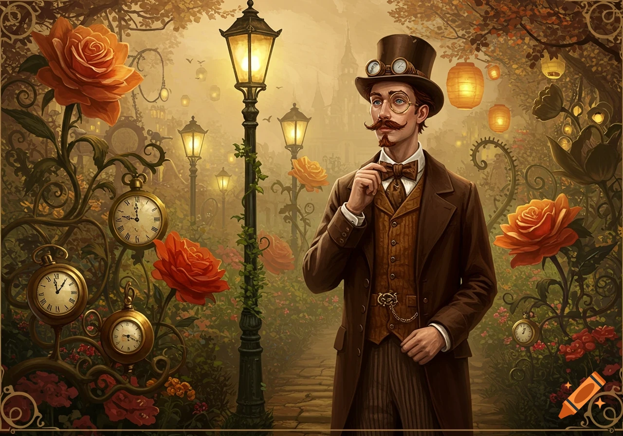 A dapper man in steampunk attire stands among overgrown roses, glowing street lamps, and hanging pocket watches in a whimsical garden.
