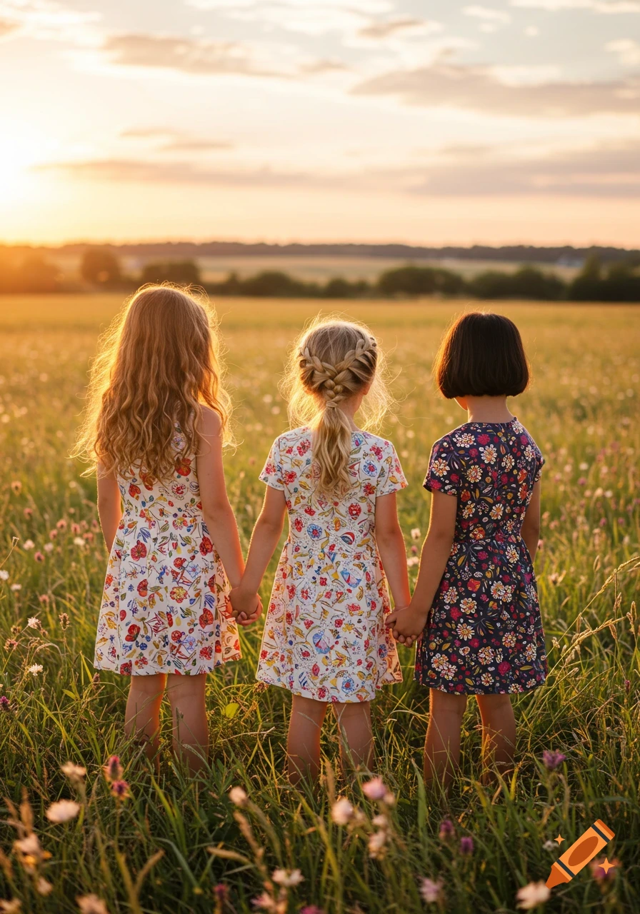 Three girls holding hands, viewed from behind, standing in a sun-drenched field at sunset.