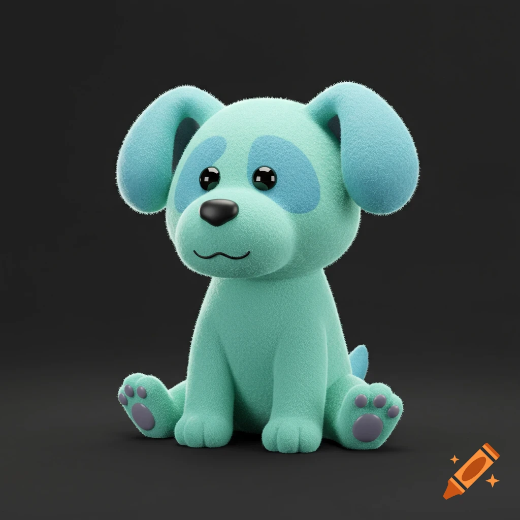 A cute 3D cartoon plush dog in light blue with darker blue patches sits on a dark background.