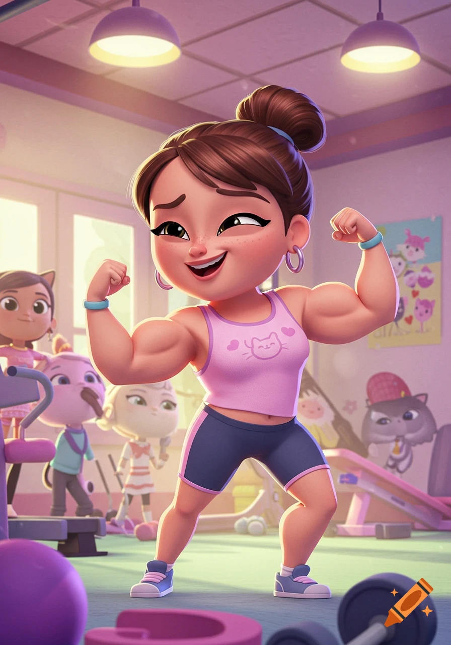 A vibrant 3D cartoon of Gabby's mom flexing her muscular arms in a gym, wearing a pink top and blue shorts, with cartoon animals in the background.