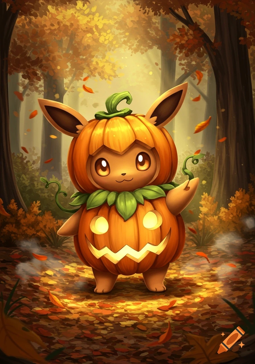 A cute, cartoon Eevee-like Pok émon in a glowing pumpkin costume stands in an autumn forest with falling leaves.