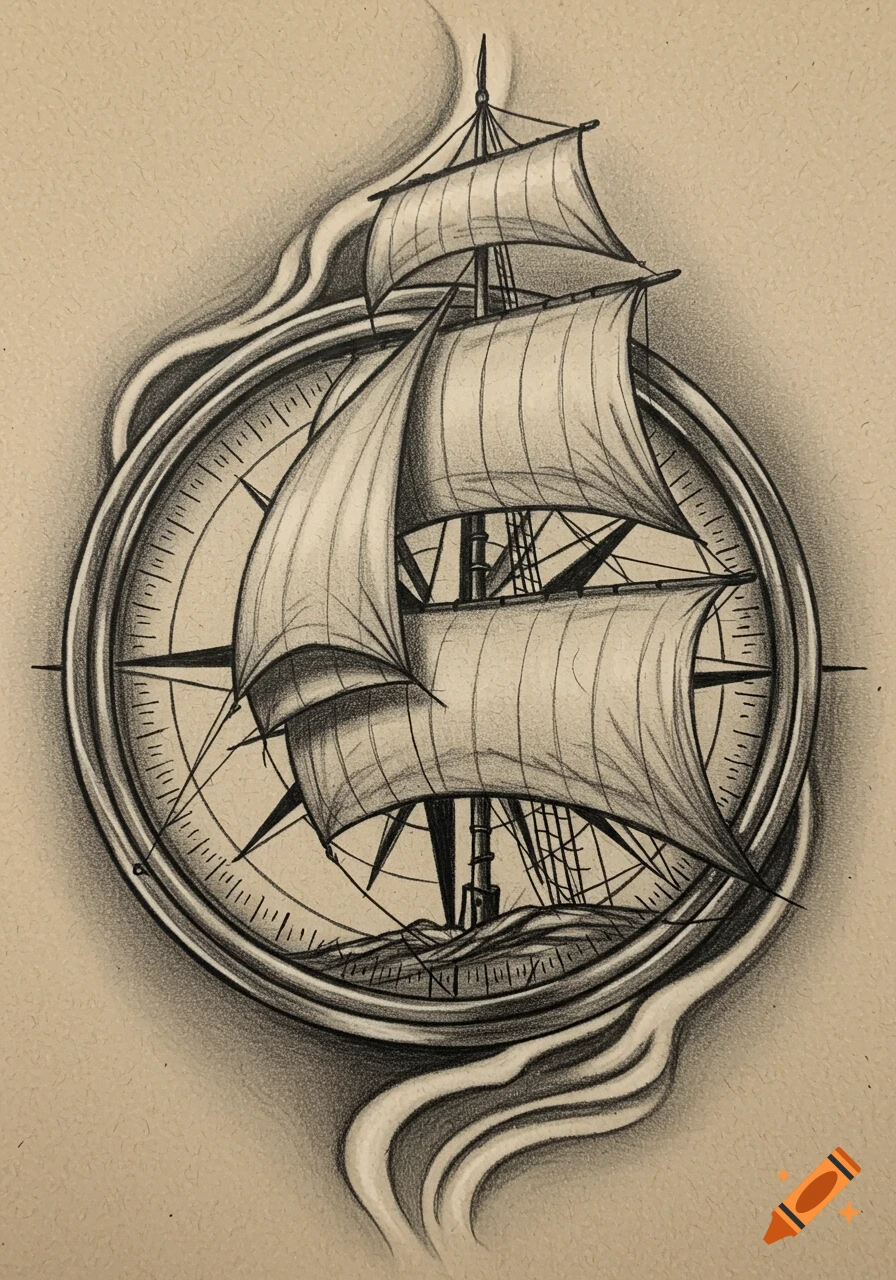 Charcoal drawing of a sailing ship with full sails, centered within a detailed compass rose.