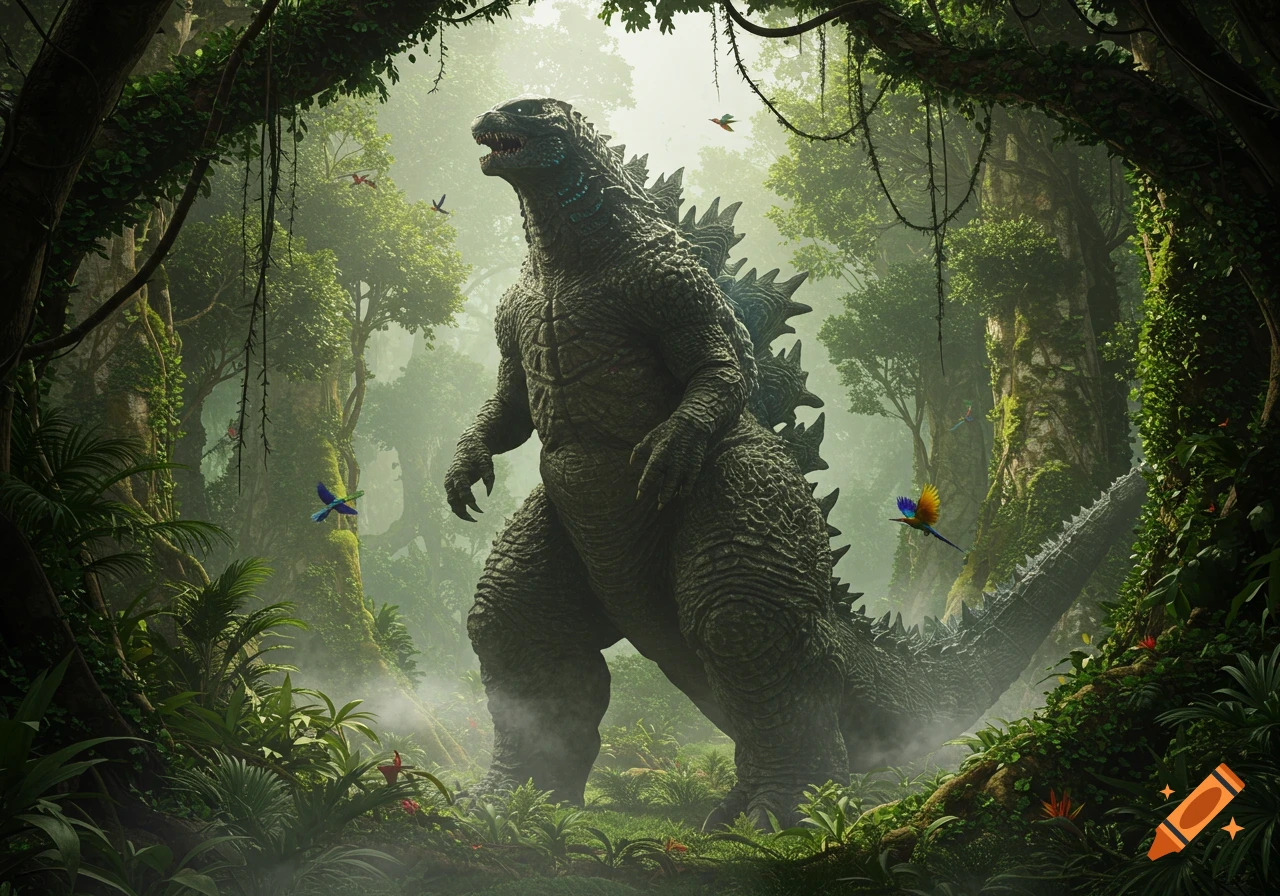 A photorealistic 3D render of Godzilla standing menacingly in a dense, misty jungle with tall trees and vines.
