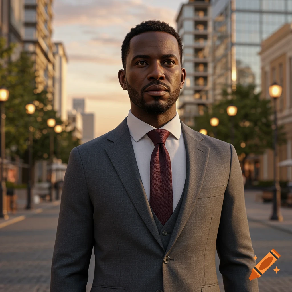 A photorealistic portrait of a well-dressed Black man in a grey suit and red tie, standing on an urban street at sunset.