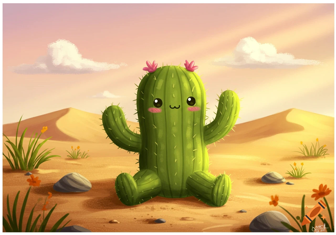 A cute, cartoonish green cactus with pink flowers and rosy cheeks sitting in a desert landscape under a warm sky.