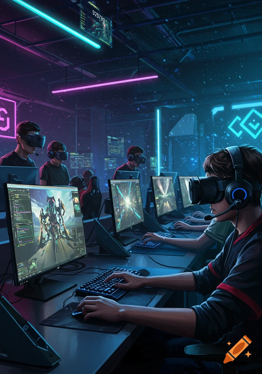 Several young gamers wearing VR headsets sit at computers in a dark, neon-lit cyberpunk room, playing video games.