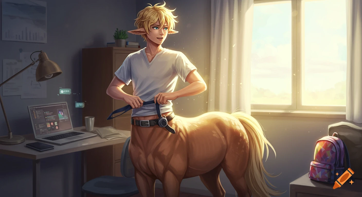 A young blonde male centaur in a white t-shirt stands in his sunlit room, fiddling with a black strap. Anime style.