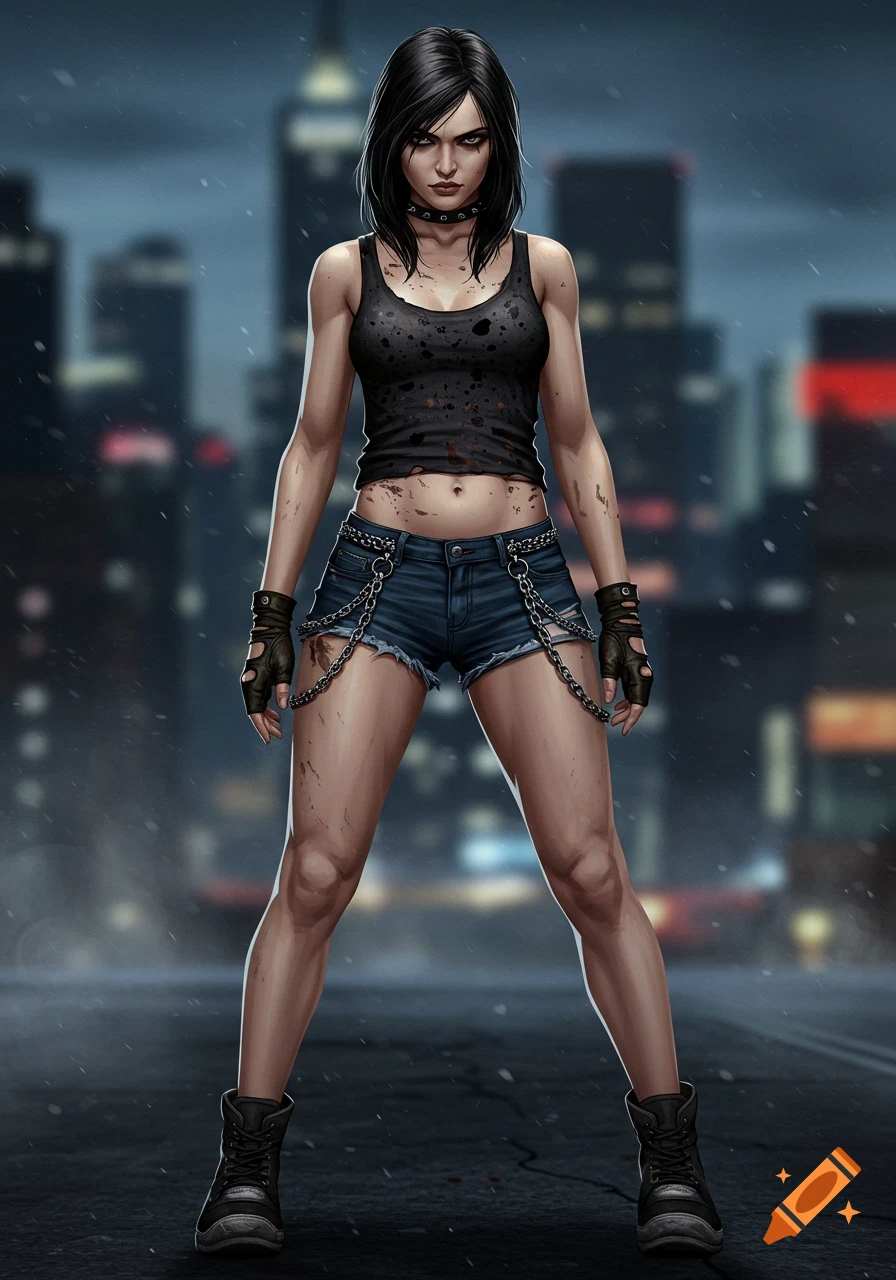 A fierce woman with black hair, wearing a ripped black tank top, denim shorts with chains, fingerless gloves, and boots, stands in a rainy city street at night in a comic art style.