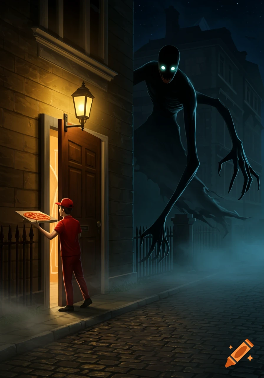 A pizza delivery man holds a pizza at a door, while a huge, shadowy monster with glowing eyes lurks in the foggy night behind him. Illustration.