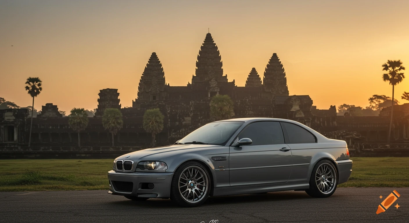 A grey BMW M3 parked on an asphalt road with the ancient Angkor Wat temple complex and palm trees in the background at sunset.