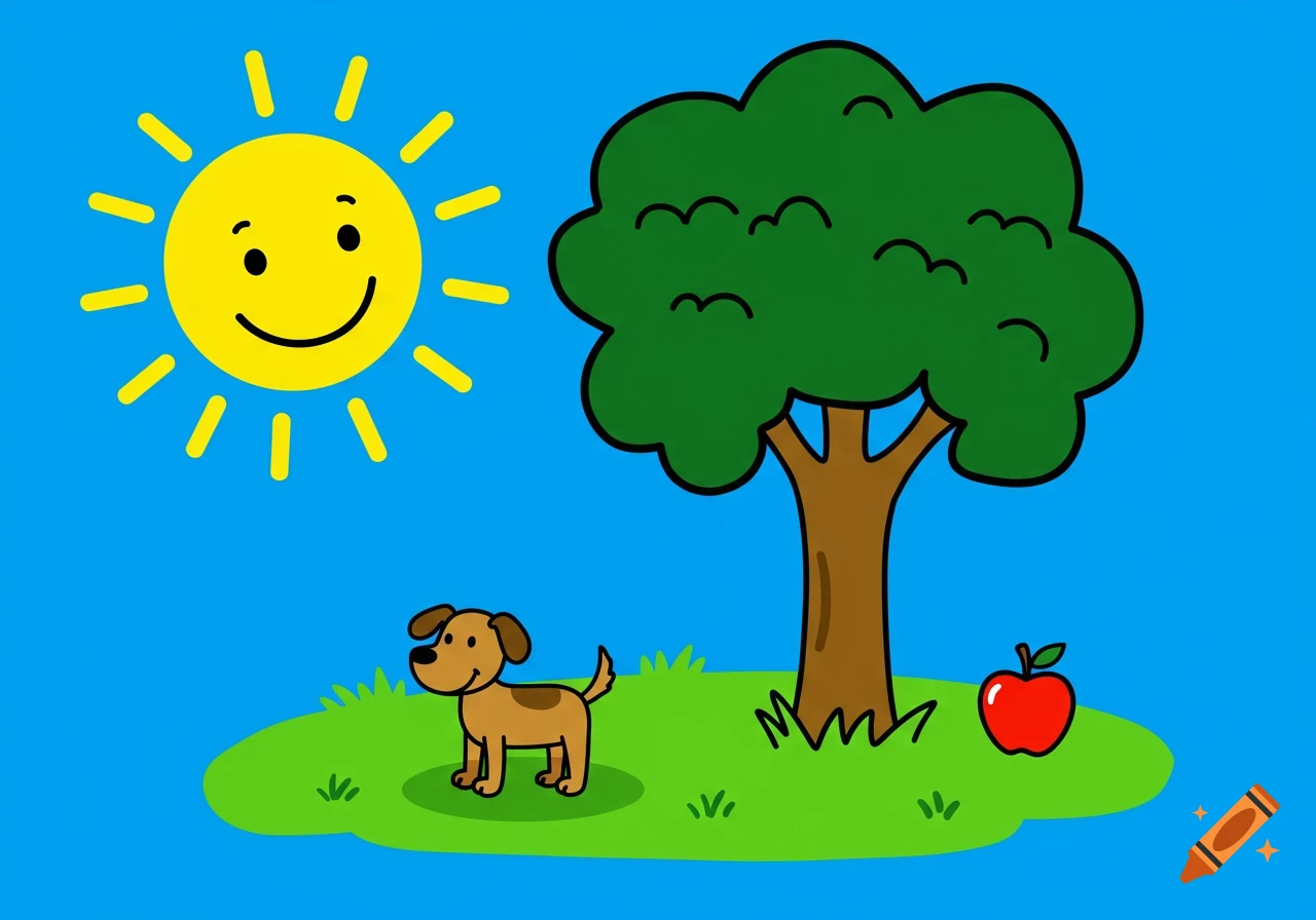 A cheerful cartoon drawing of a smiling sun, a brown dog, a green tree, and a red apple on green grass under a blue sky.