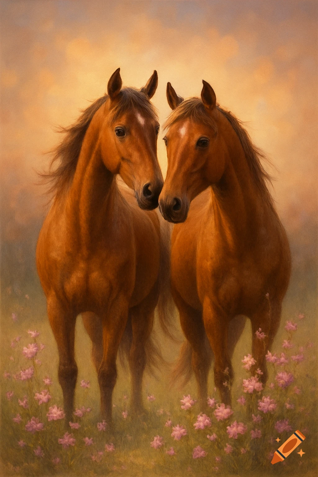 Two brown horses stand facing each other in a field of pink flowers under a warm, painterly sky.