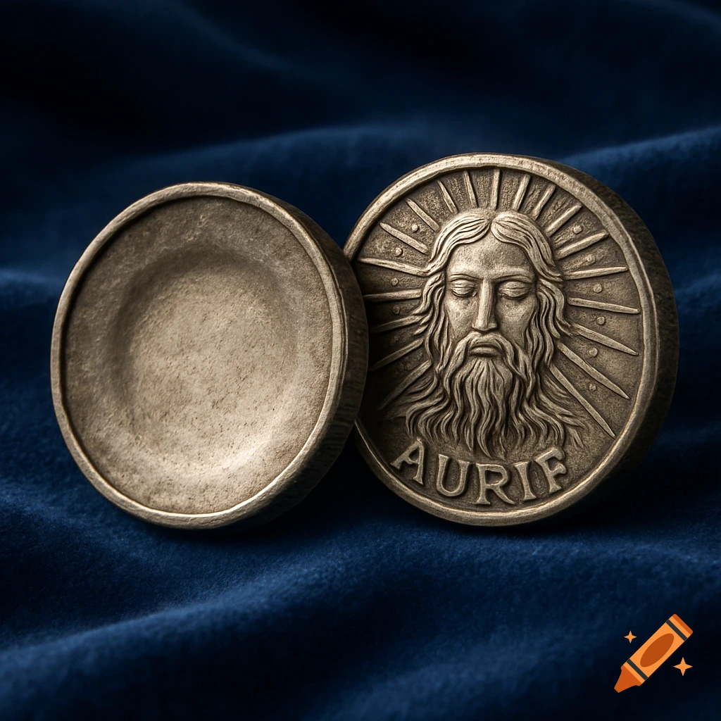 A photorealistic image of two worn silver coins on dark blue velvet. One coin shows a bearded figure and 'AURIF'.
