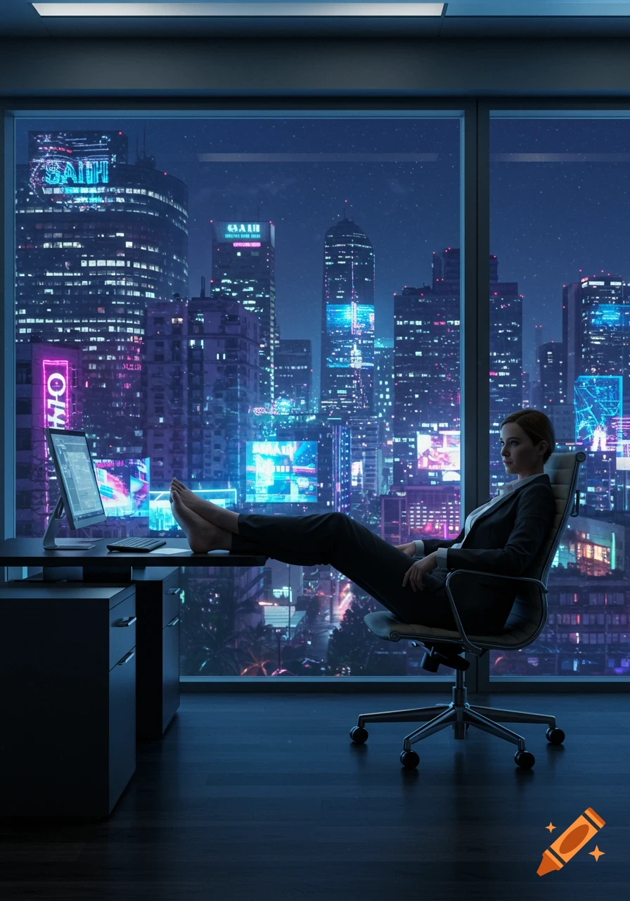 Photorealistic image of a businesswoman resting her bare feet on her office desk, overlooking a vibrant, futuristic night cityscape.