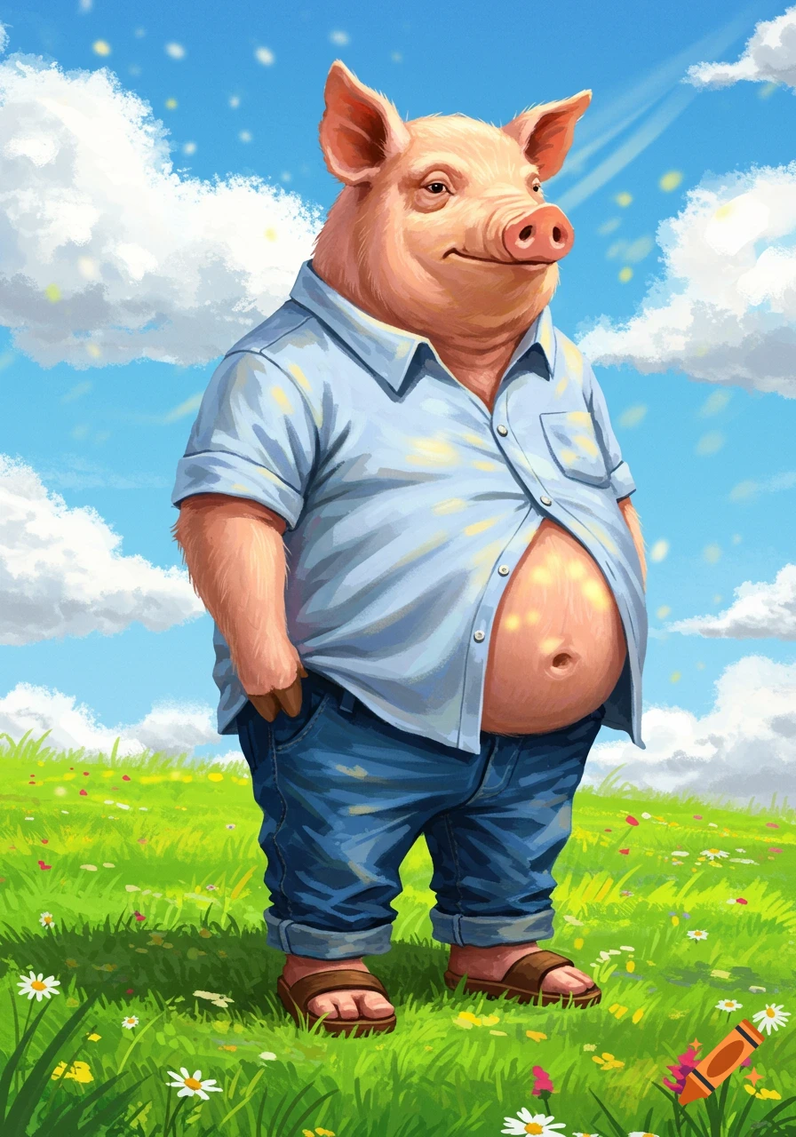 An anthropomorphic pig wearing a light blue button-up shirt, blue jeans, and sandals stands in a green field under a blue sky.