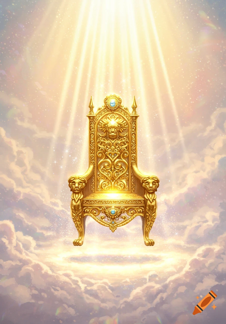 A golden, ornate throne with lion head carvings, bathed in radiant holy light, floating among ethereal clouds.