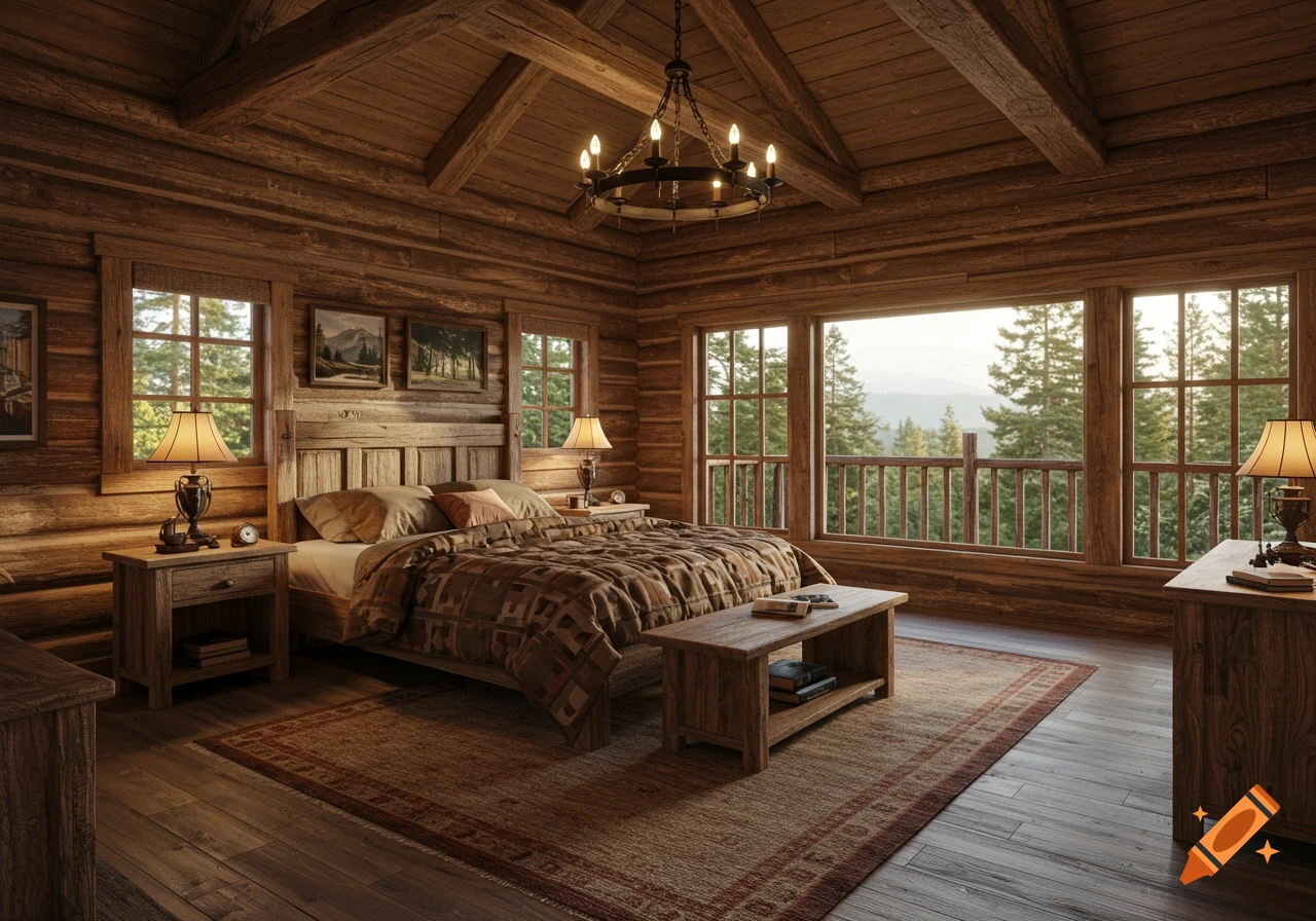 Photorealistic rustic log cabin bedroom, large bed, wood furniture, panoramic windows with forest and mountain views.