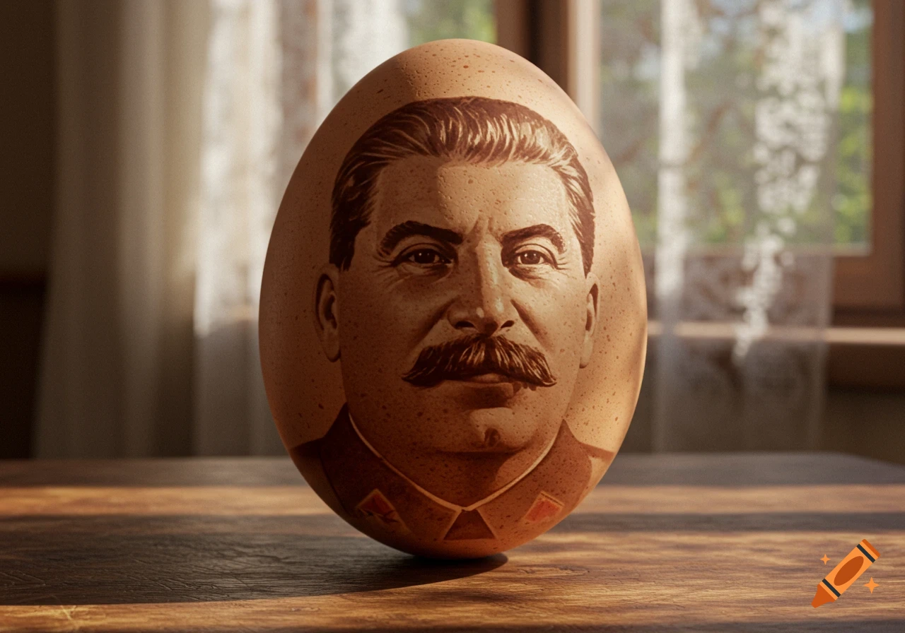 Photorealistic image of Joseph Stalin's face intricately rendered on a brown egg, placed on a wooden table.