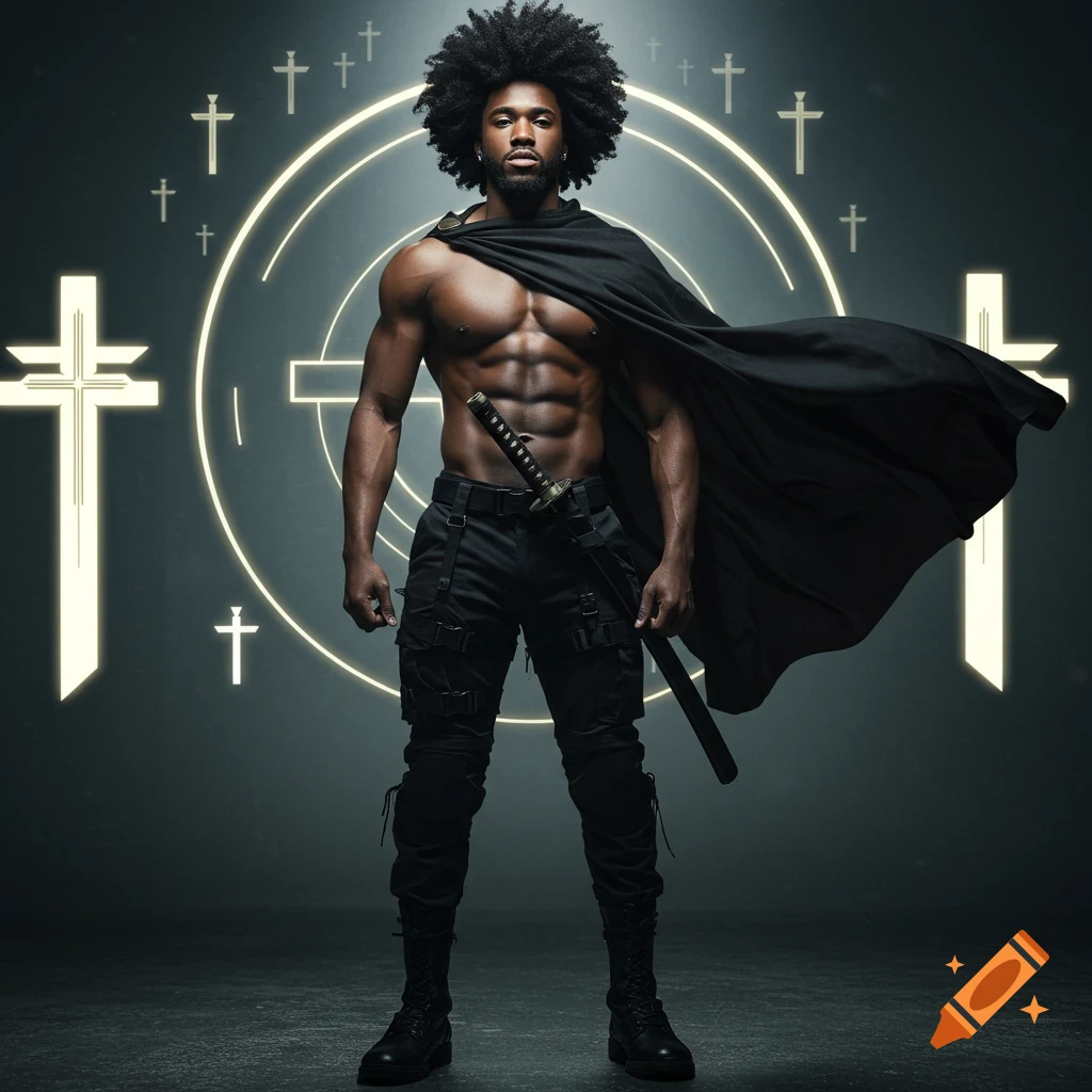 A muscular Black man with an afro and black cape holds a katana, standing against a dark background with glowing cross symbols.