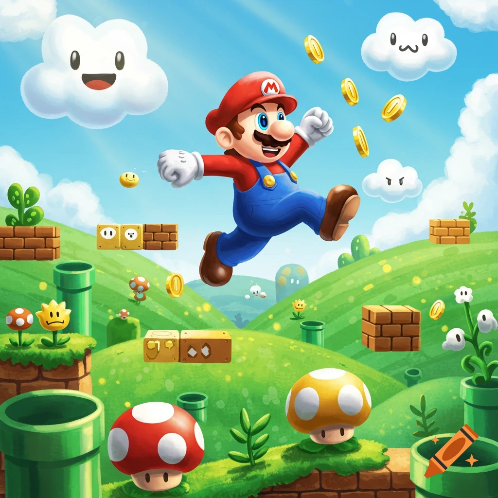 Cartoon Mario jumps over a green hill with floating coins, question blocks, and pipes under a blue sky.