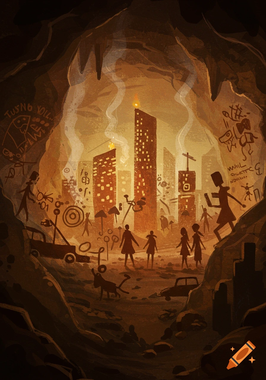 A stylized cave painting depicting a modern city with skyscrapers, cars, and stick-figure people within a cave, using earthy tones.
