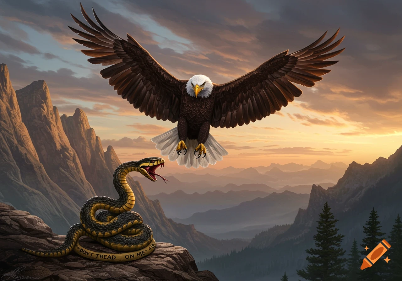 A bald eagle swoops towards a coiled Gadsden snake with 'Don't Tread on Me' text, on a mountain peak at sunset.