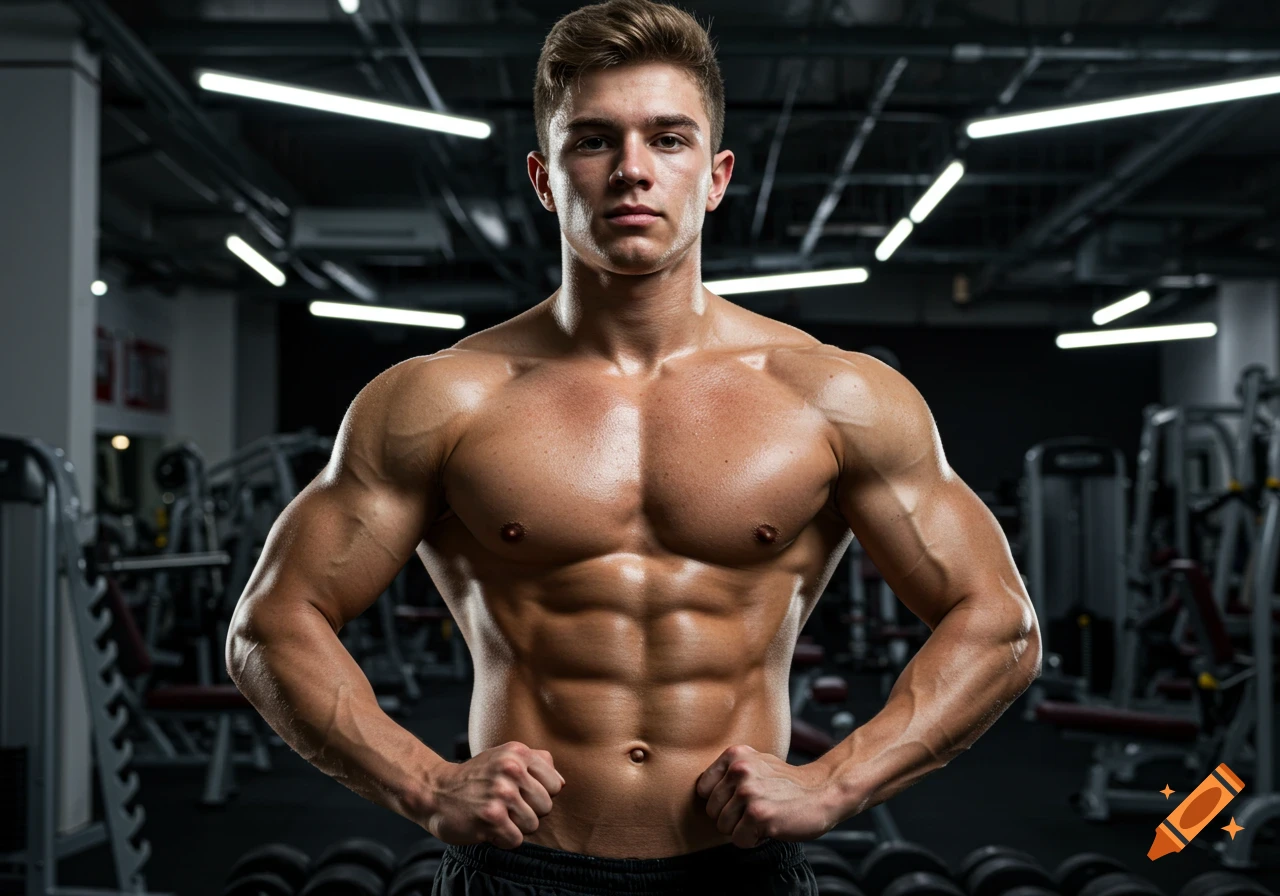 A muscular bodybuilder with a ripped chest and strong arms poses shirtless in a brightly lit gym, looking directly at the camera.