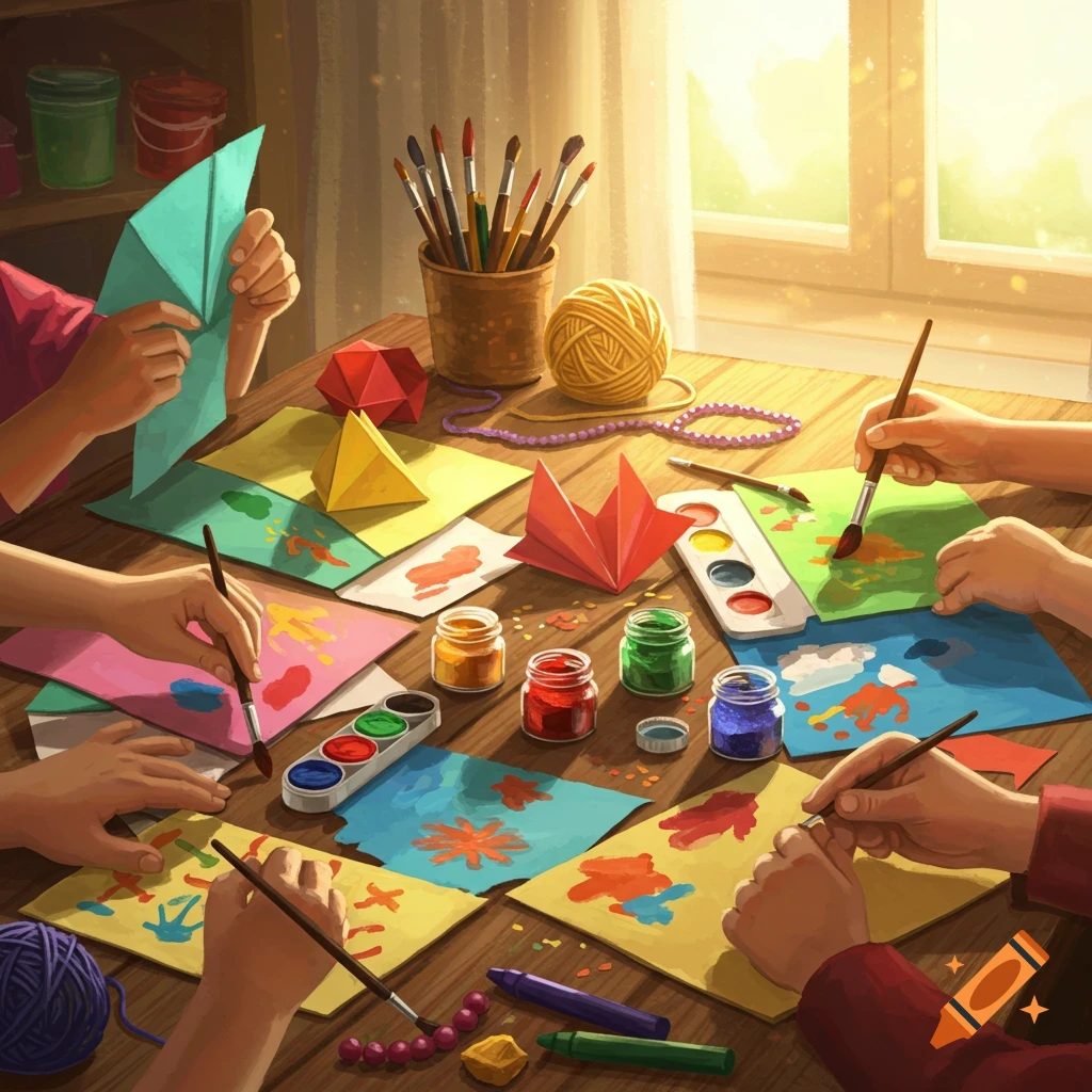 Illustrative image of hands doing arts and crafts at a sunlit table, painting and folding paper with various art supplies.