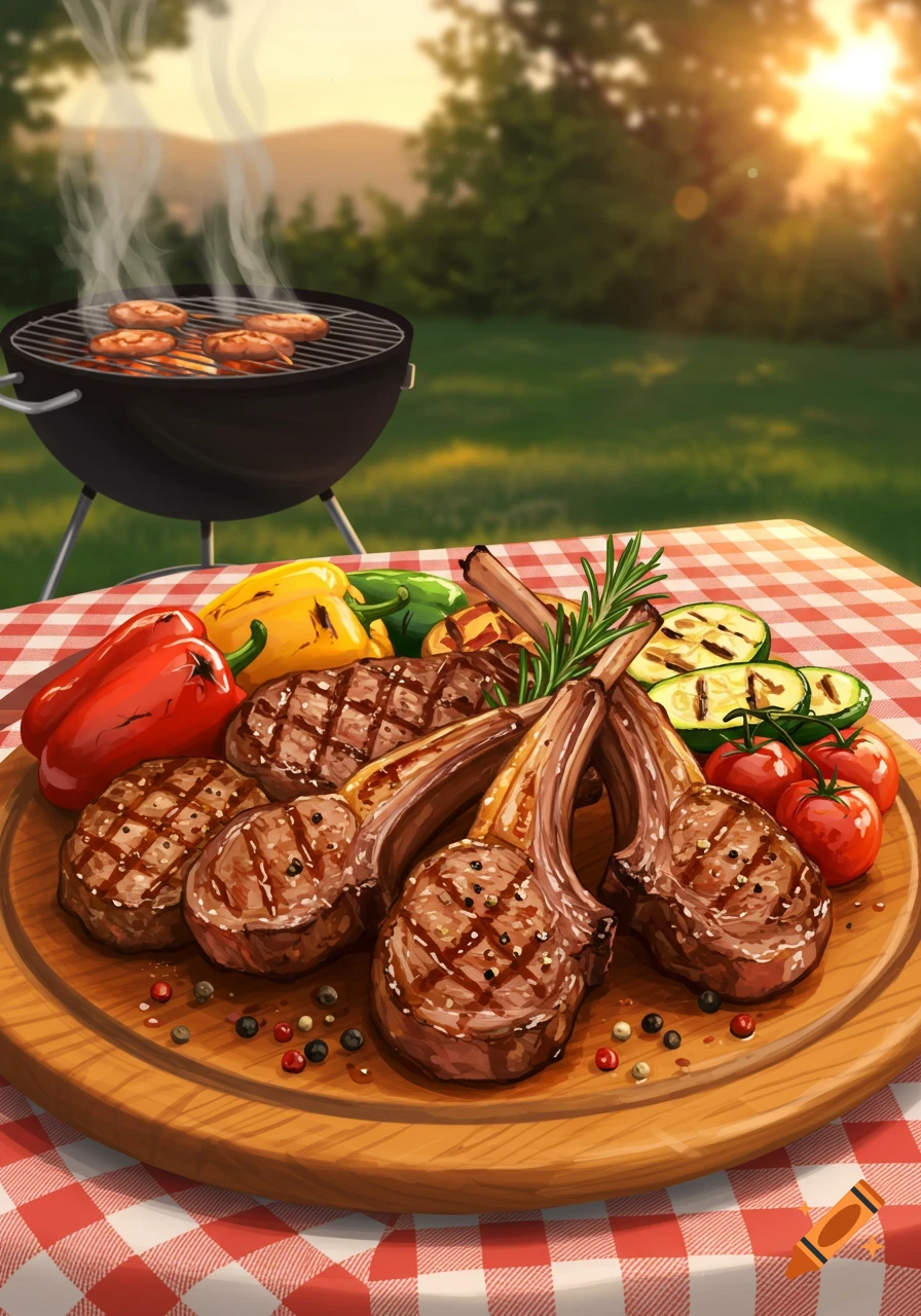 Illustrative image of grilled lamb chops, vegetables, and a smoking BBQ grill on a checkered picnic blanket in a sunny outdoor setting.