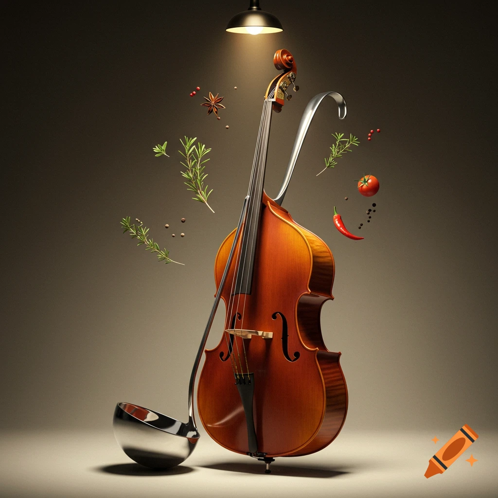 Photorealistic still life of a double bass with a ladle, spices, and a chili pepper floating around under a spotlight.