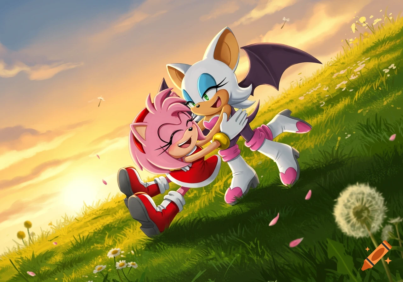 Amy Rose and Rouge the Bat hug and smile in a sunny green field with flowers.