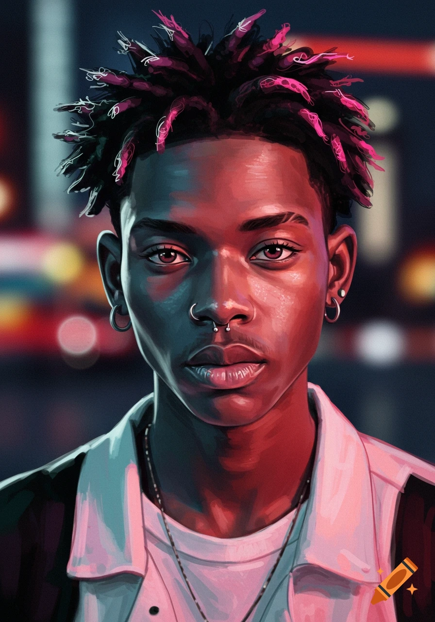 Stylized digital art portrait of a young person with dreadlocks and facial piercings under neon red and blue light.