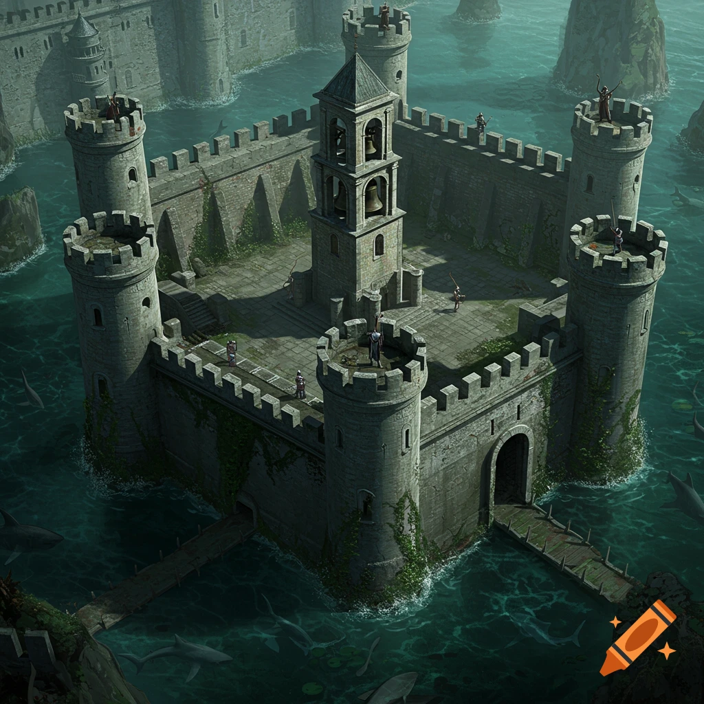 An aerial view of a stone castle surrounded by a moat with sharks. It features multiple watchtowers, a central bell tower, and a drawbridge.