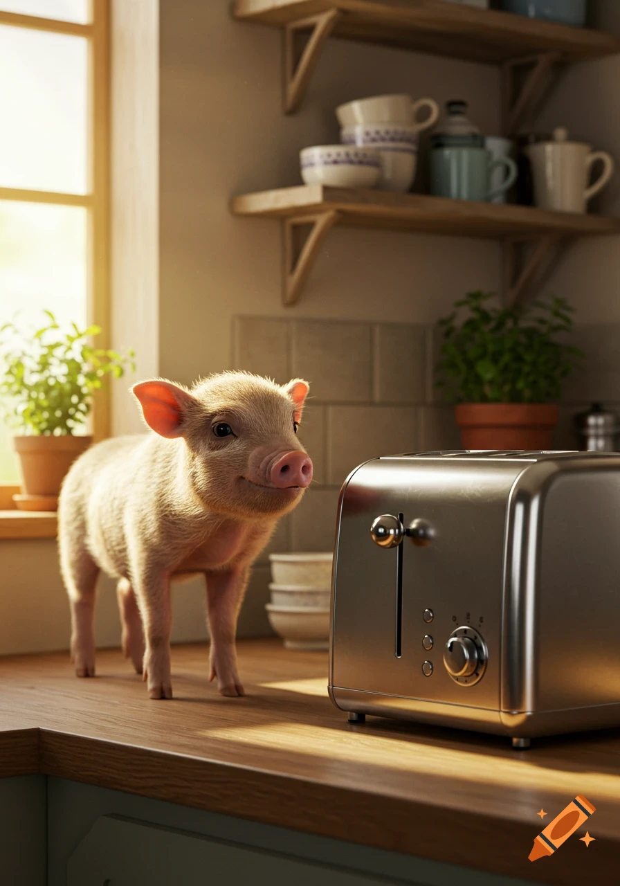 A cute mini pig stands on a wooden kitchen counter next to a shiny toaster in a sunlit kitchen.