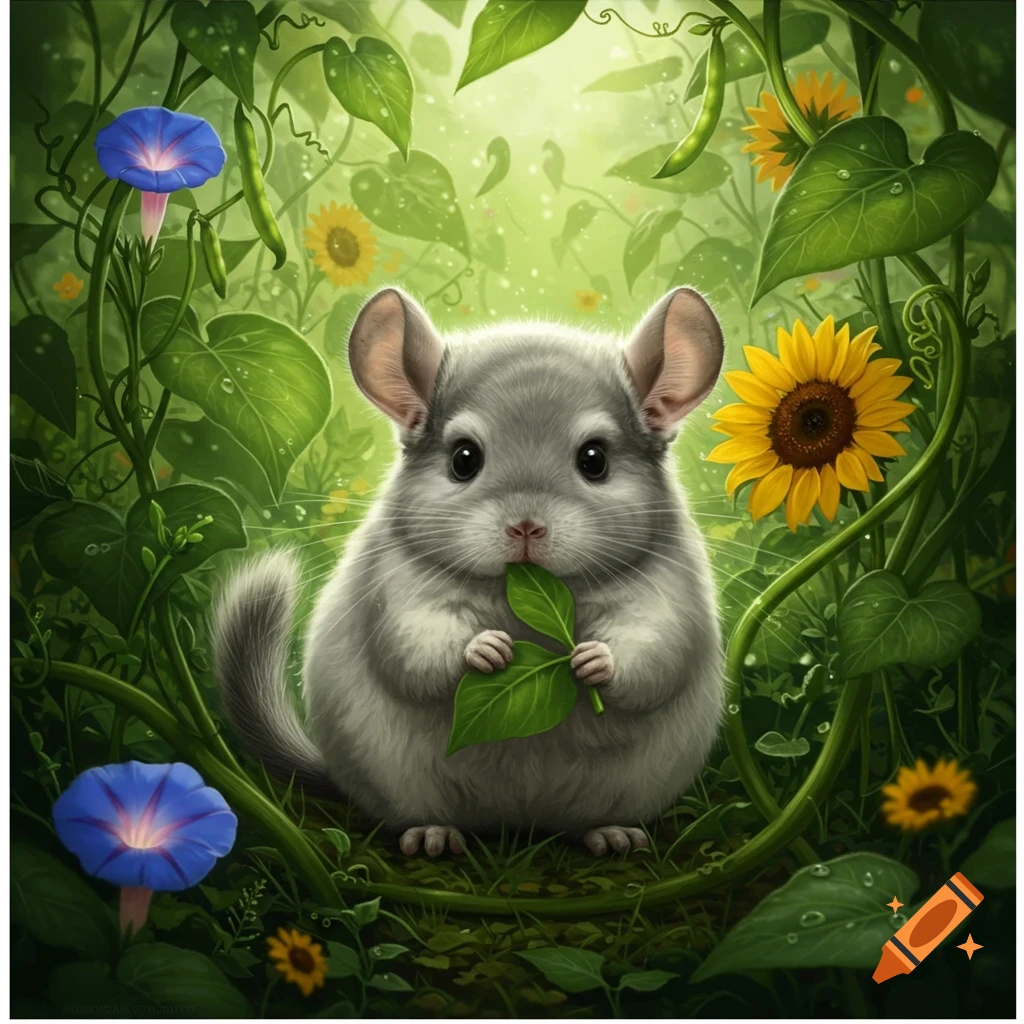 A cute fluffy chinchilla eating a leaf in a lush green garden with morning glories and sunflowers.