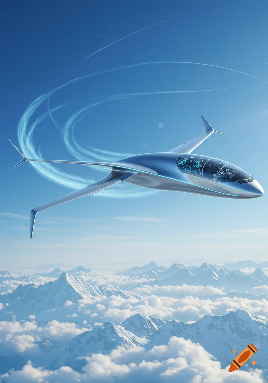 A futuristic blue and silver airplane with sleek wings flies over snow-capped mountains and clouds, leaving a trail in the bright blue sky.