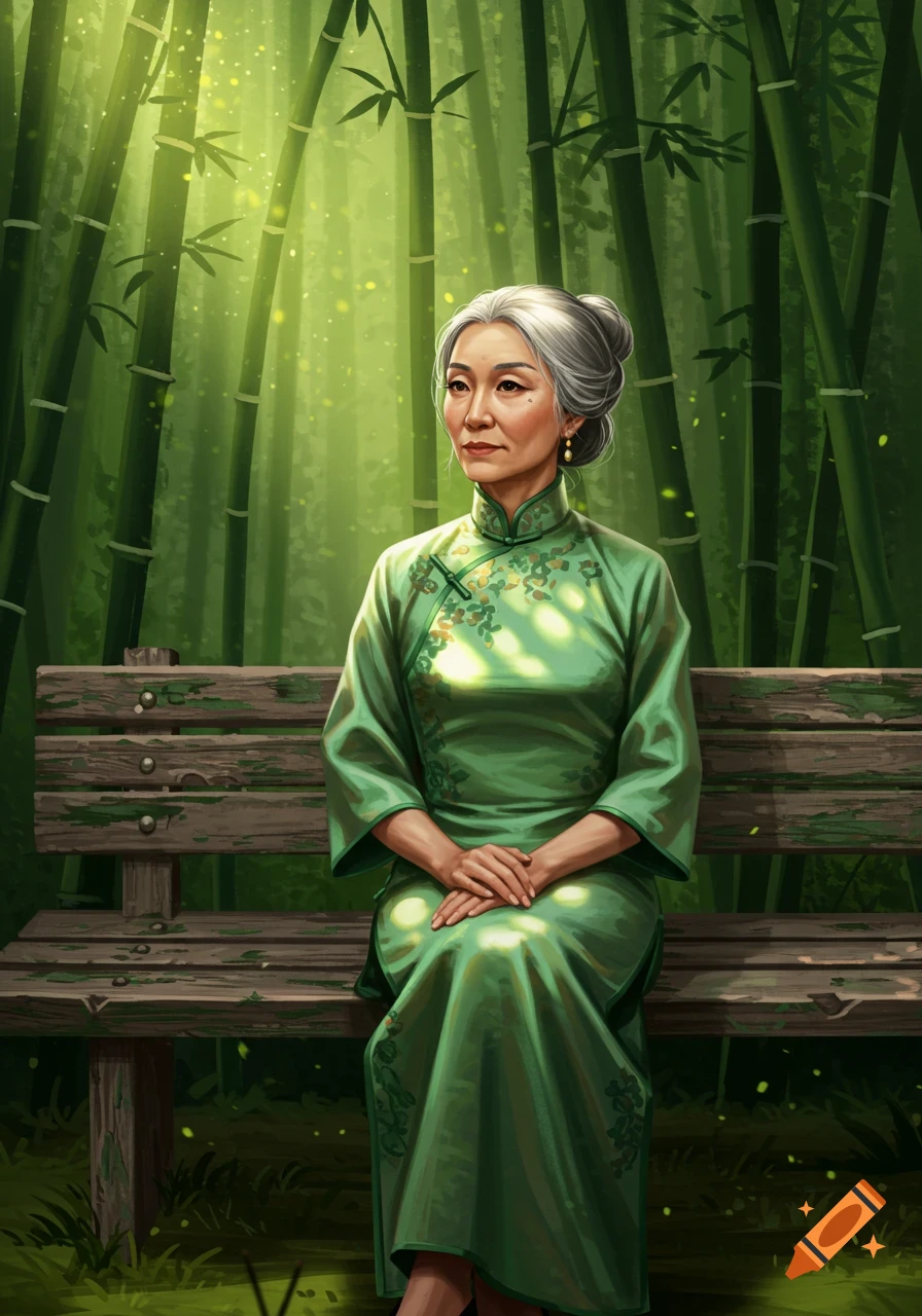 An older Asian woman in a green cheongsam sits on a wooden bench in a bamboo forest illustration.