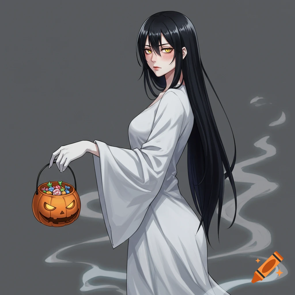 Anime girl with long black hair and golden eyes, in a white ghost costume, holding a jack-o'-lantern candy bucket, anime style.