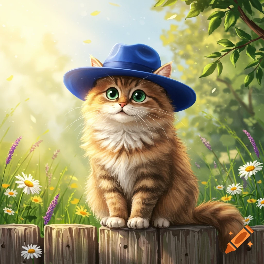 A fluffy orange and white cat with big green eyes wearing a blue hat, sitting on a wooden fence in a sunny field of flowers.