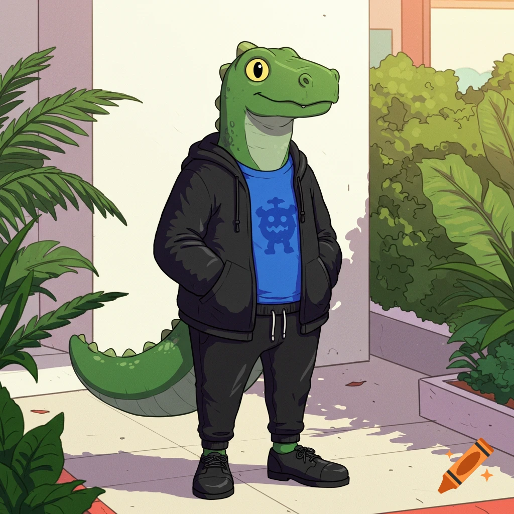 A friendly green anthropomorphic cartoon dinosaur in a black hoodie, blue monster tee, black sweatpants, and dress shoes, standing outdoors.