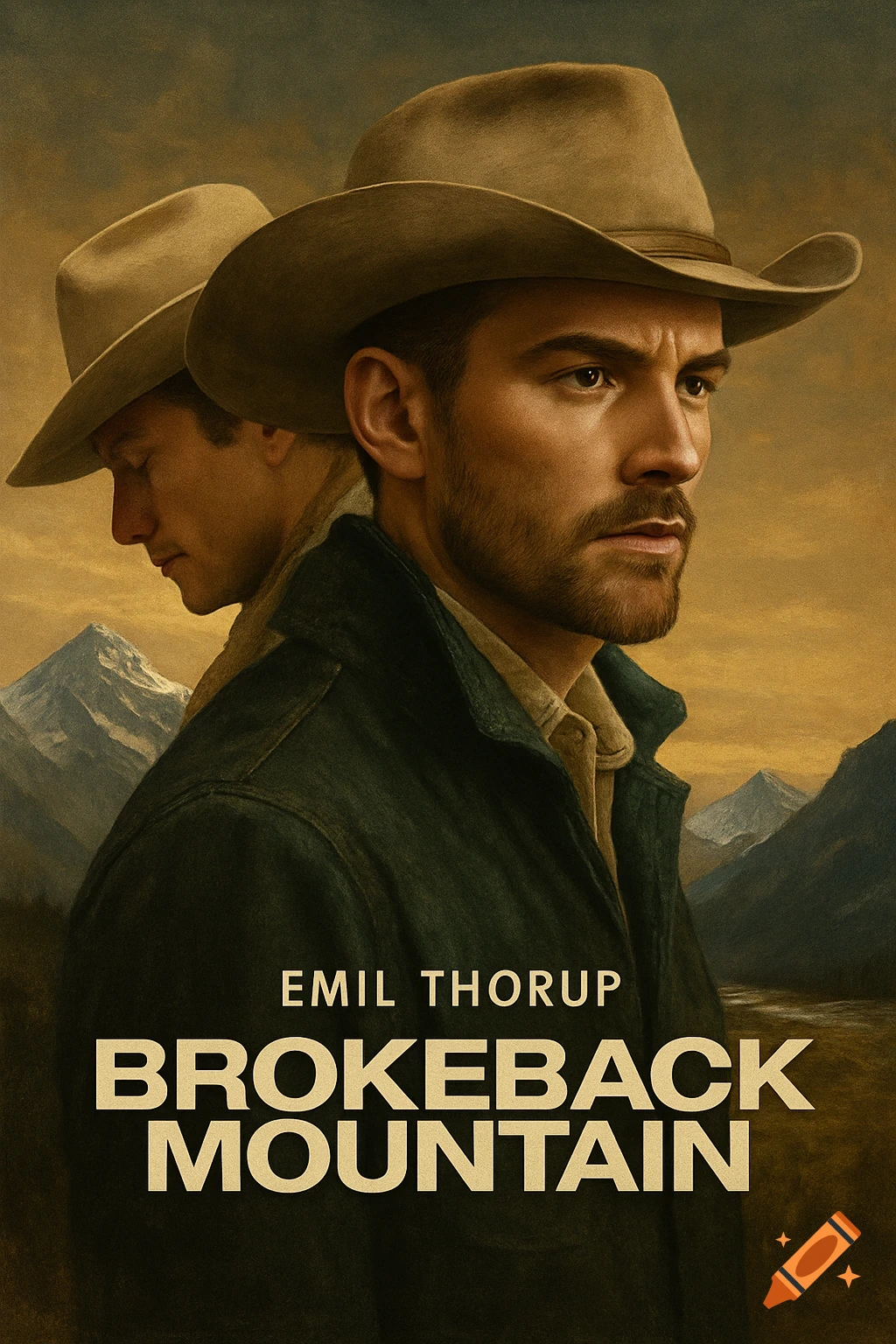 Movie poster with two cowboys, one facing forward, the other looking down, set against mountains. Features text: Emil Thorup, Brokeback Mountain.