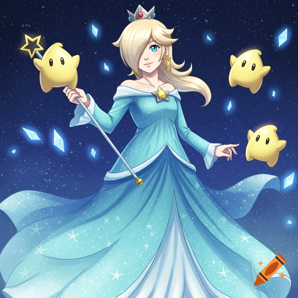 Anime-style Rosalina from Super Mario in her light blue dress, holding a star wand, surrounded by Lumas and crystals in space.
