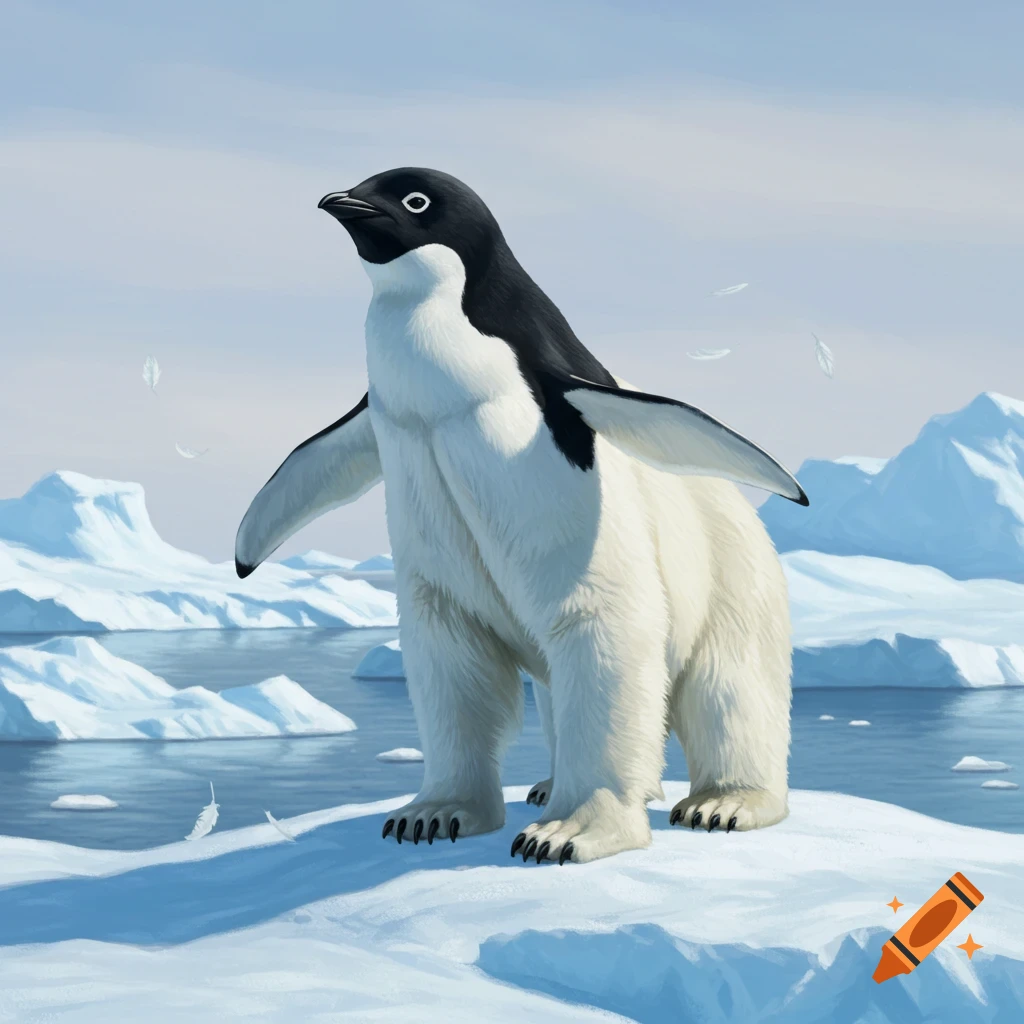 A penguin-polar bear hybrid with a penguin's head and wings, and a polar bear's furry body and four webbed paws, stands on an icy berg in an arctic landscape.